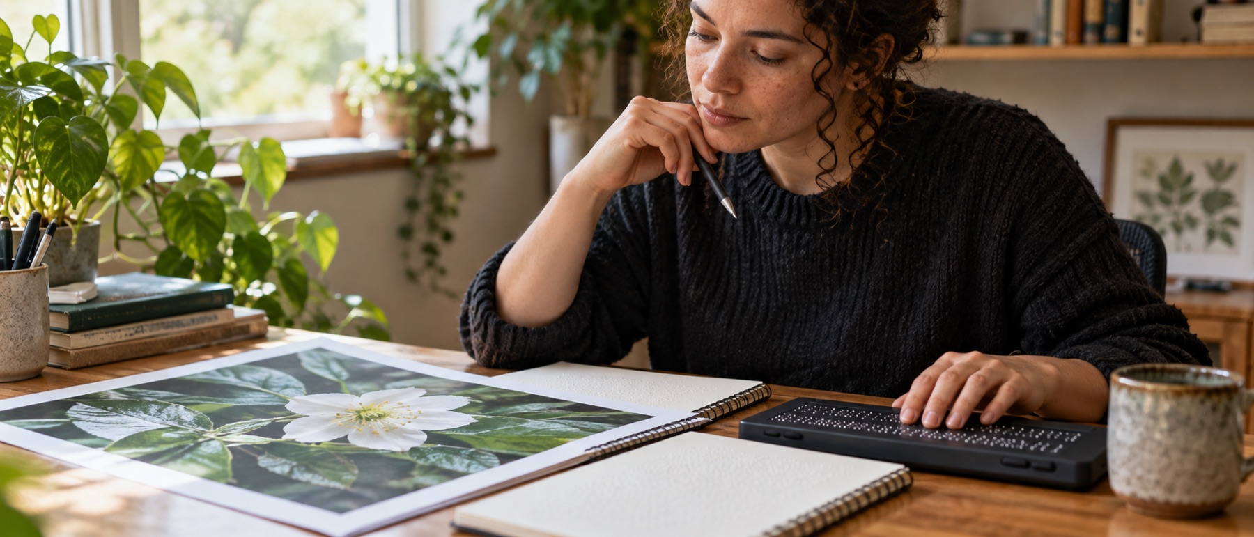 An accessibility writer studying a botanical photograph beside a tactile braille display.